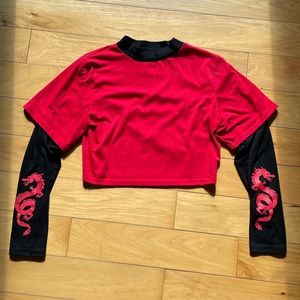 Dragon Long Sleeve Black and Red Contrast Crop Tee